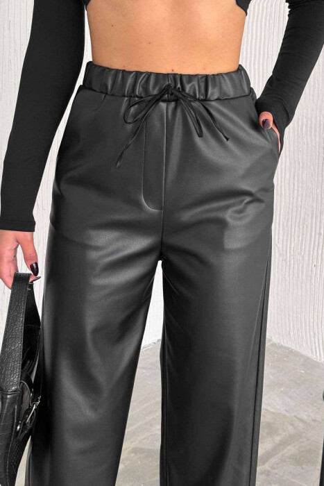 LEATHER ELASTIC WAIST WIDE LEG WOMEN TROUSERS BLACK/ E ZEZE - 3