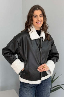 LEATHER FLUFFY WOMEN JACKET BLACK-WHITE/ZB 