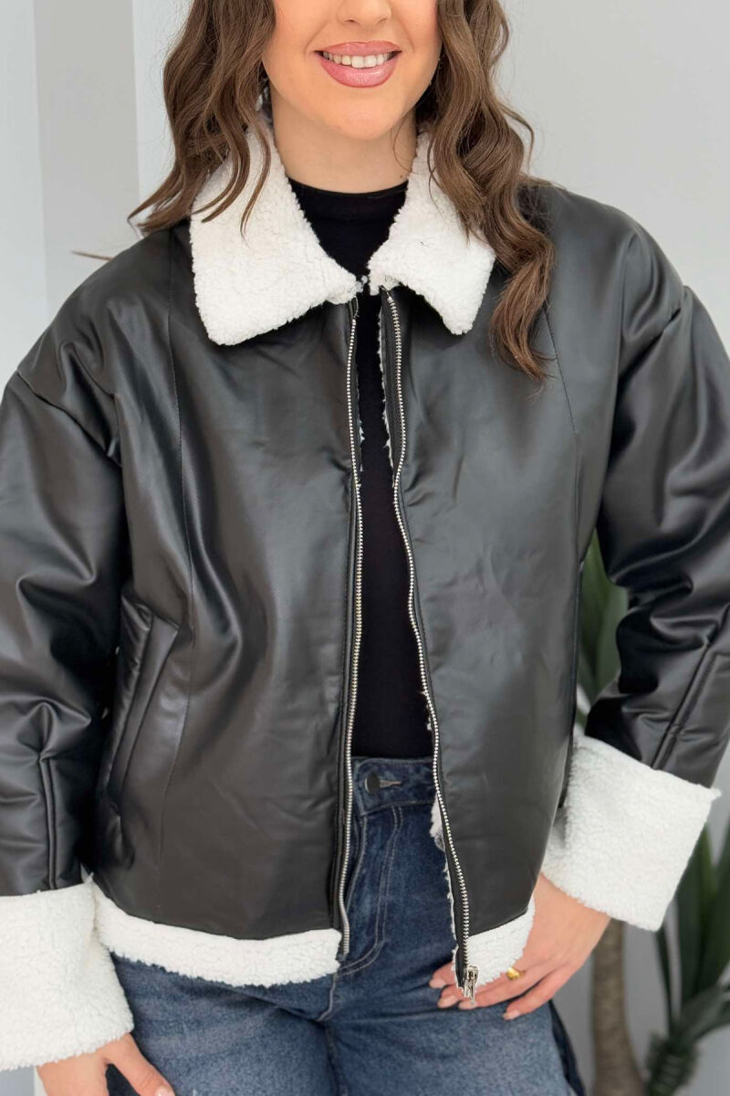 LEATHER FLUFFY WOMEN JACKET BLACK-WHITE/ZB - 2