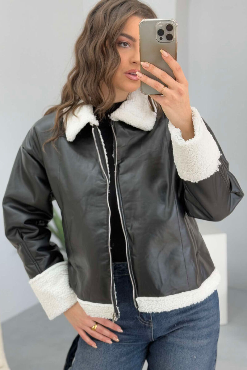 LEATHER FLUFFY WOMEN JACKET BLACK-WHITE/ZB - 5