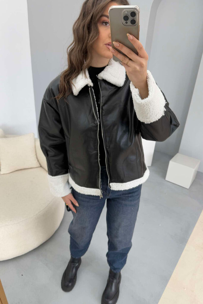 LEATHER FLUFFY WOMEN JACKET BLACK-WHITE/ZB - 6