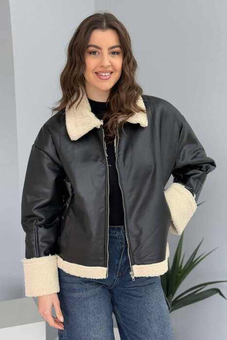 LEATHER FLUFFY WOMEN JACKET IN BLACK COLOR 