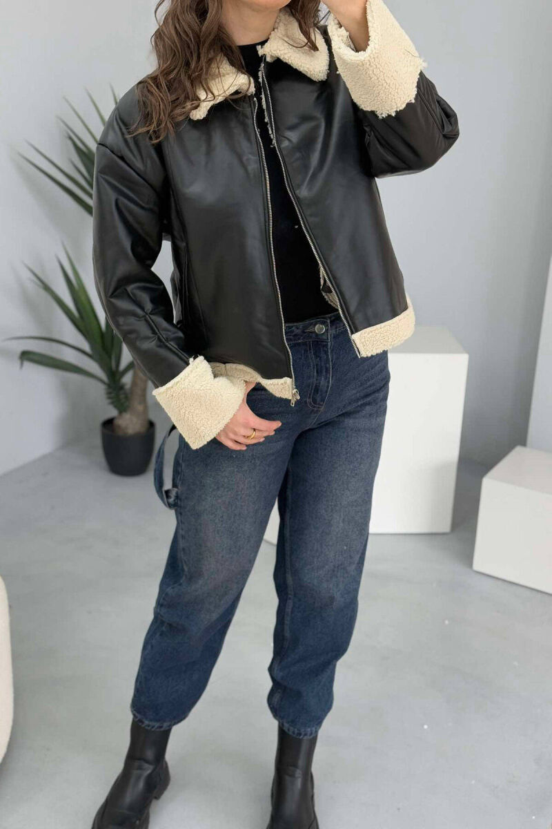 LEATHER FLUFFY WOMEN JACKET IN BLACK COLOR - 2