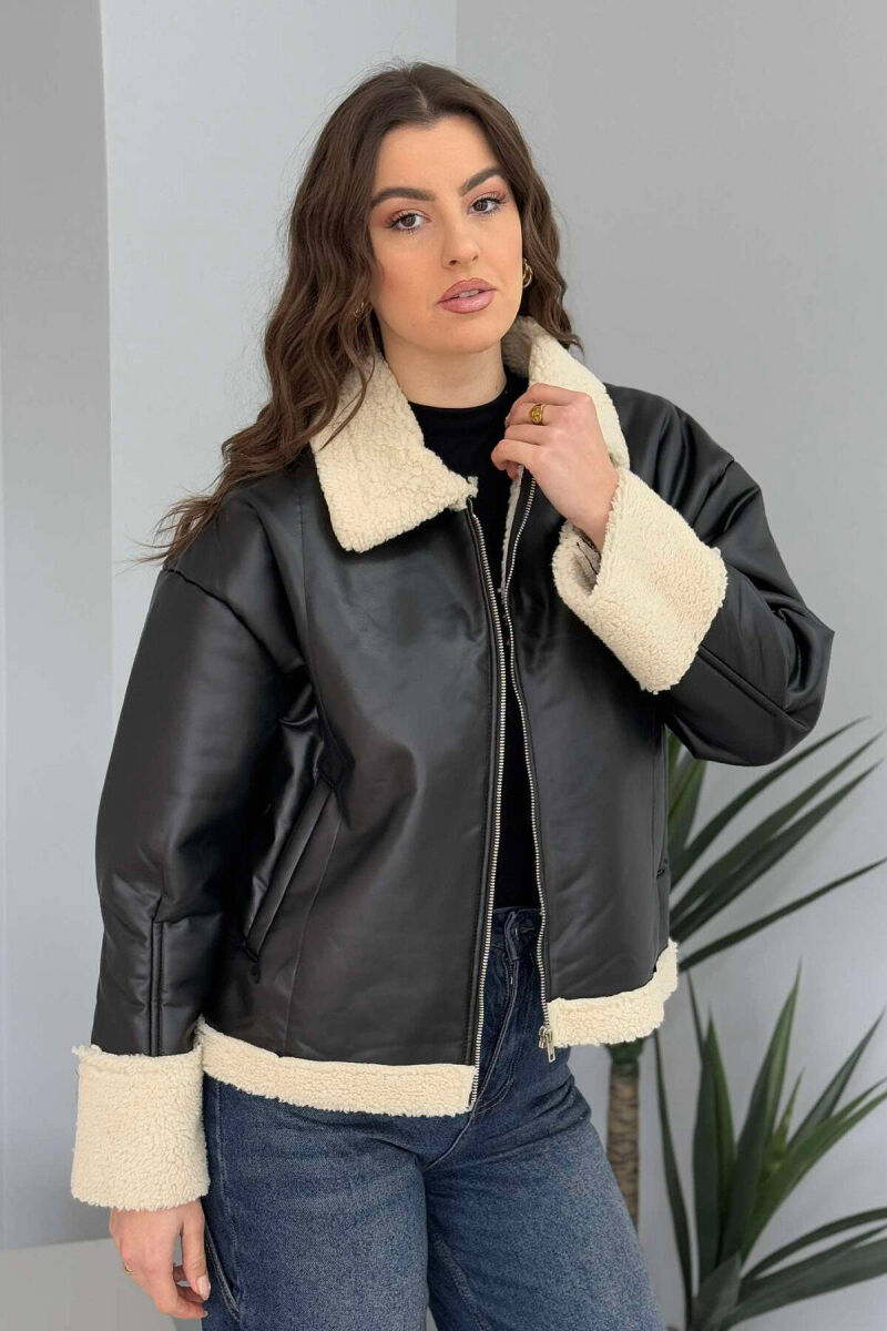 LEATHER FLUFFY WOMEN JACKET IN BLACK COLOR - 3