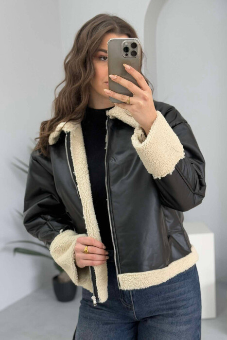LEATHER FLUFFY WOMEN JACKET IN BLACK COLOR - 4