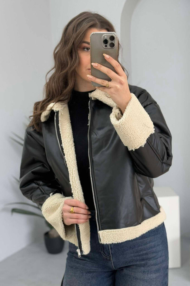 LEATHER FLUFFY WOMEN JACKET IN BLACK COLOR - 4