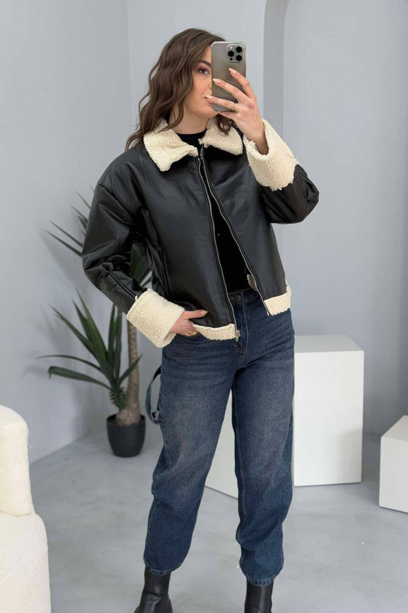 LEATHER FLUFFY WOMEN JACKET IN BLACK COLOR - 5
