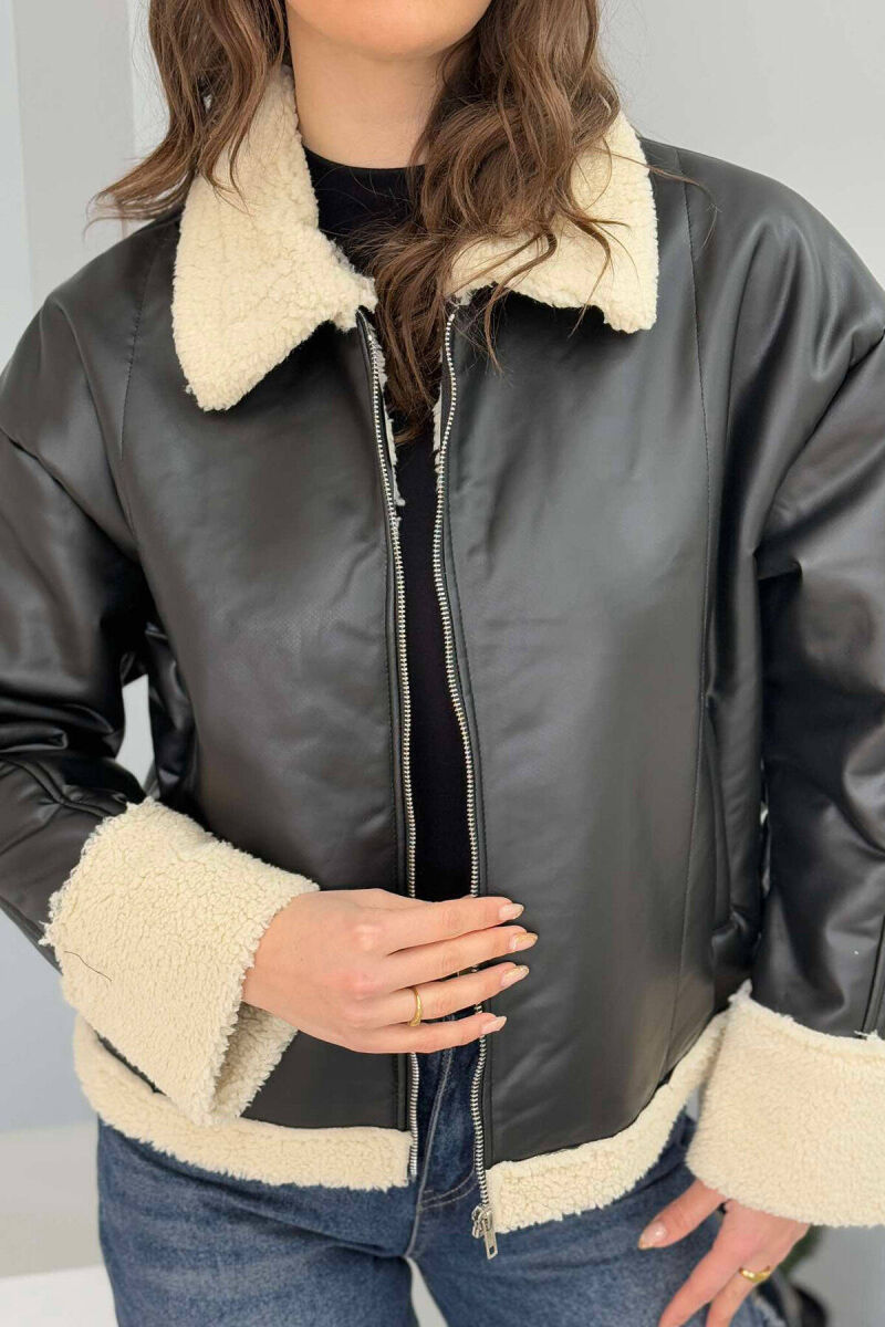 LEATHER FLUFFY WOMEN JACKET IN BLACK COLOR - 6