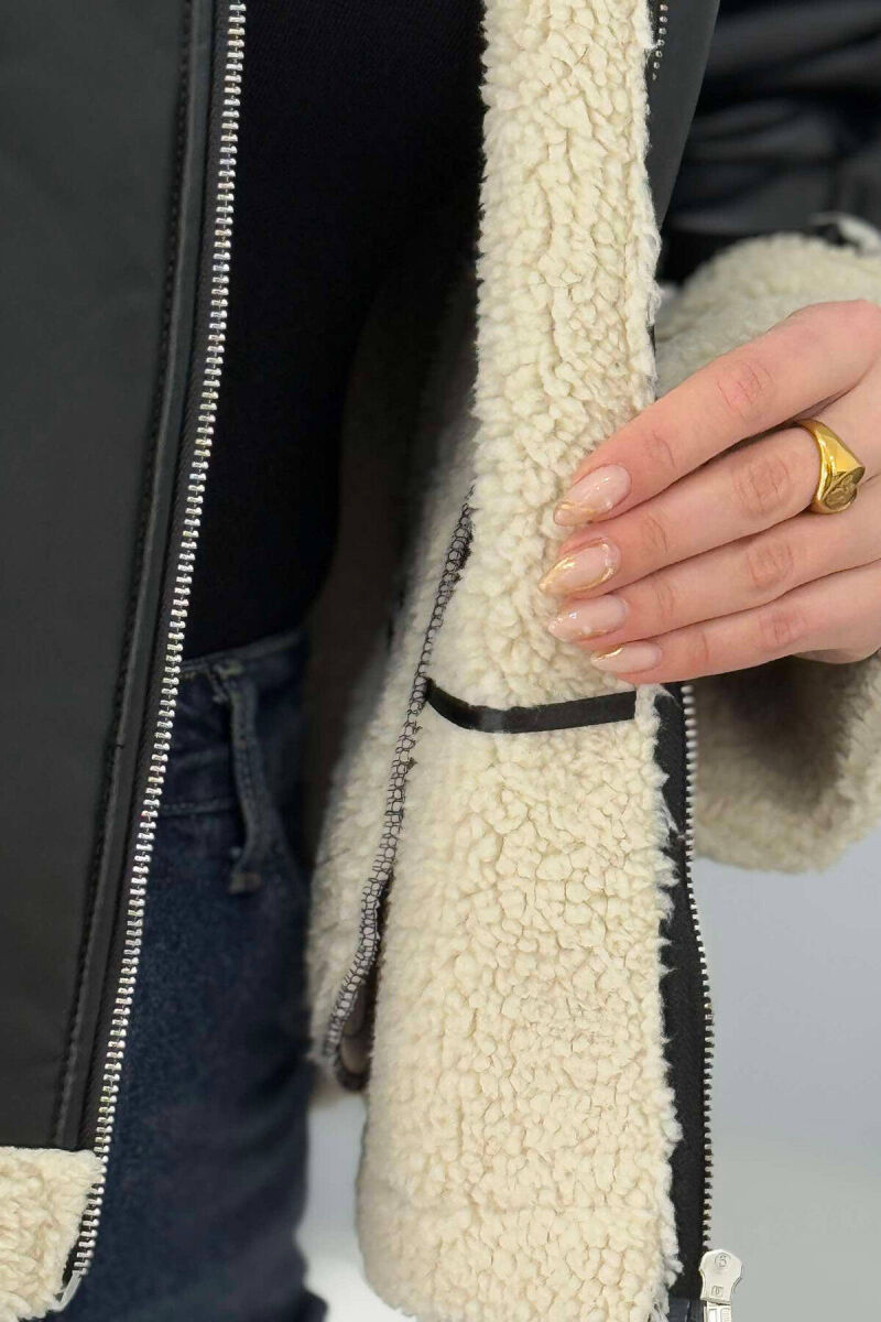 LEATHER FLUFFY WOMEN JACKET IN BLACK COLOR - 7