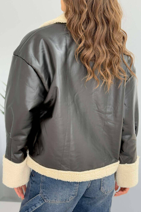 LEATHER FLUFFY WOMEN JACKET IN BLACK COLOR - 8