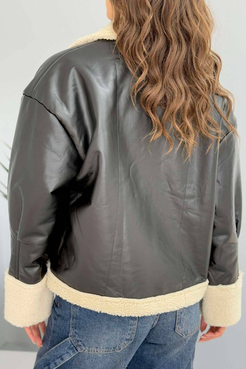LEATHER FLUFFY WOMEN JACKET IN BLACK COLOR - 8