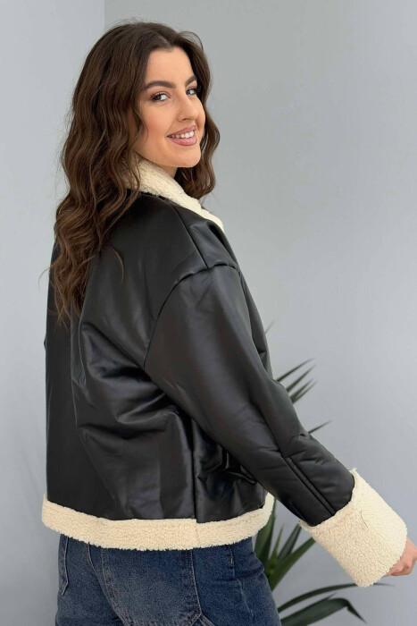 LEATHER FLUFFY WOMEN JACKET IN BLACK COLOR - 9
