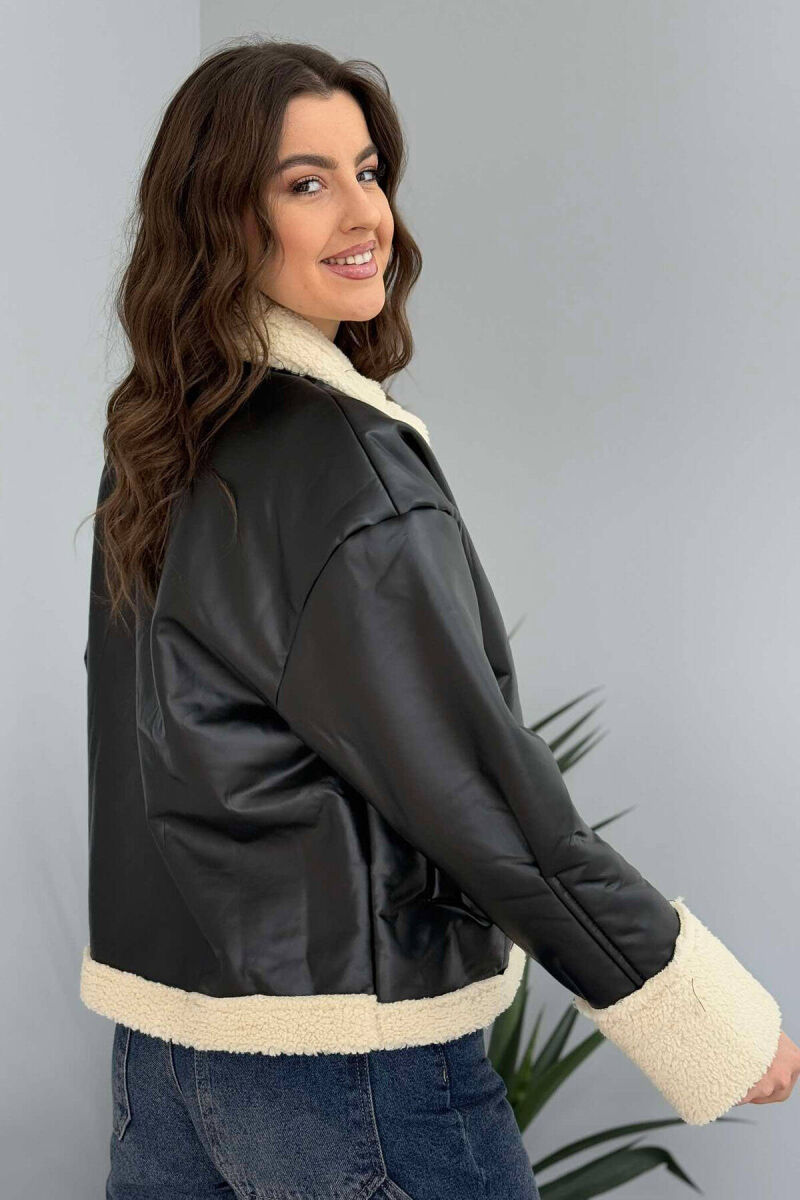 LEATHER FLUFFY WOMEN JACKET IN BLACK COLOR - 9