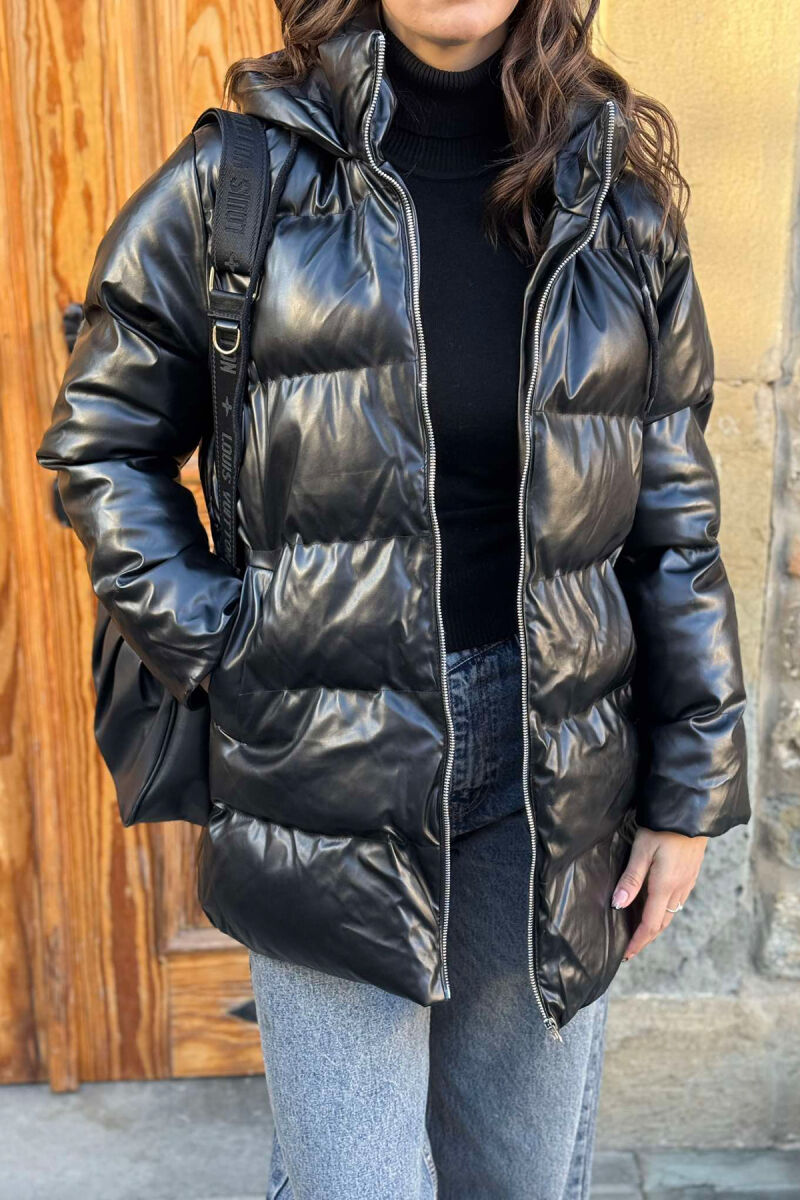 LEATHER HOOD WOMAN PUFFER JACKET BLACK/ E ZEZE - 2