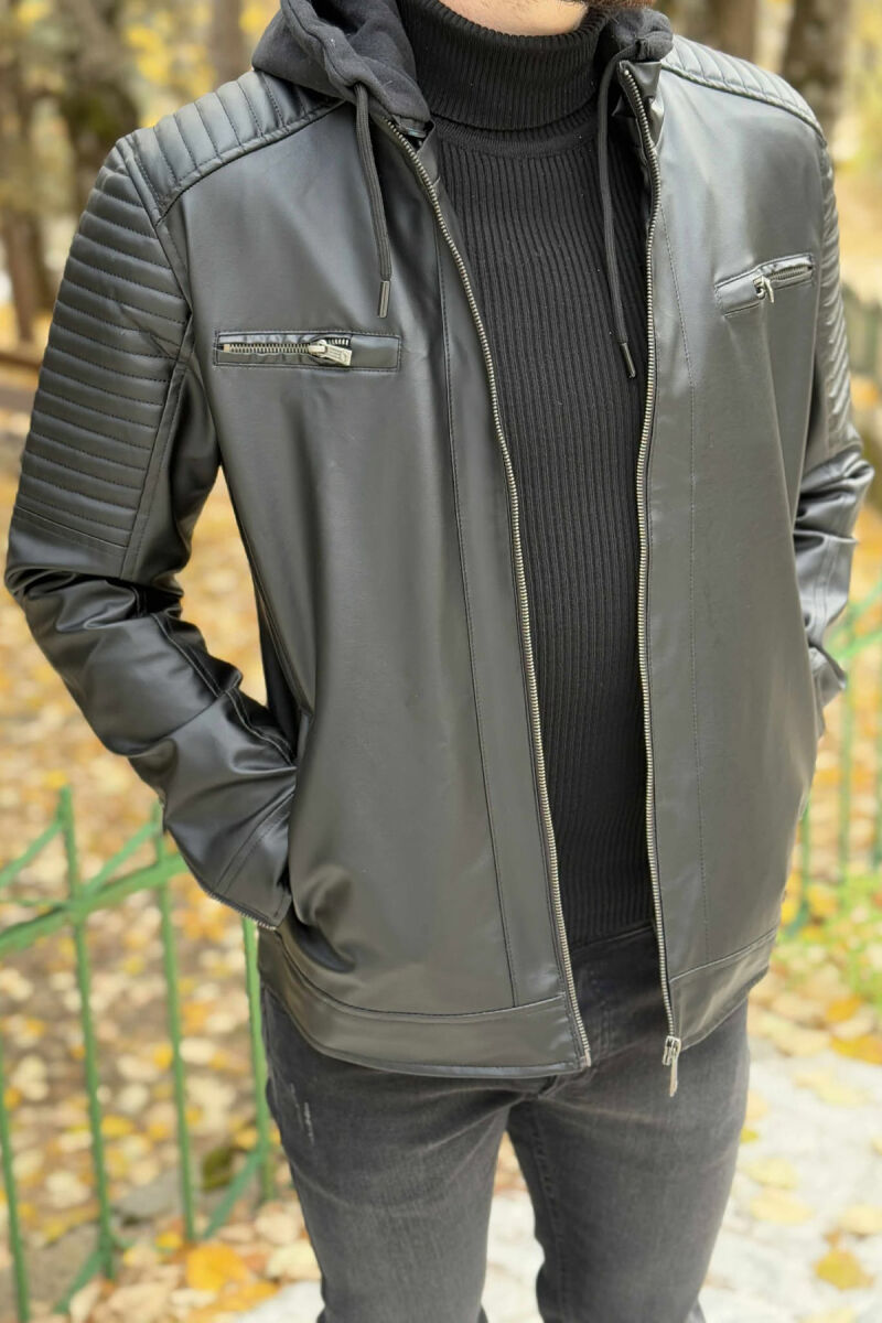 LEATHER HOODED ONE COLOR MEN JACKET BLACK/ E ZEZE - 2