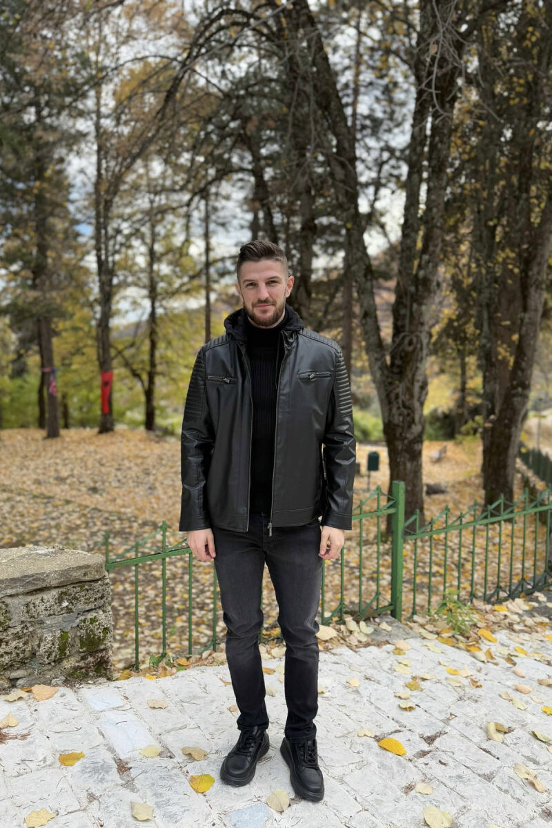 LEATHER HOODED ONE COLOR MEN JACKET BLACK/ E ZEZE - 6