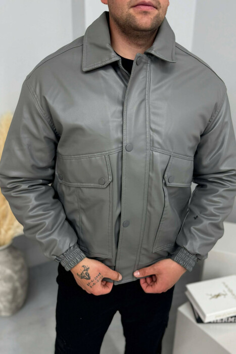 LEATHER ONE COLOR FRONT POCKETS MEN JACKET GREY/GRI - 2