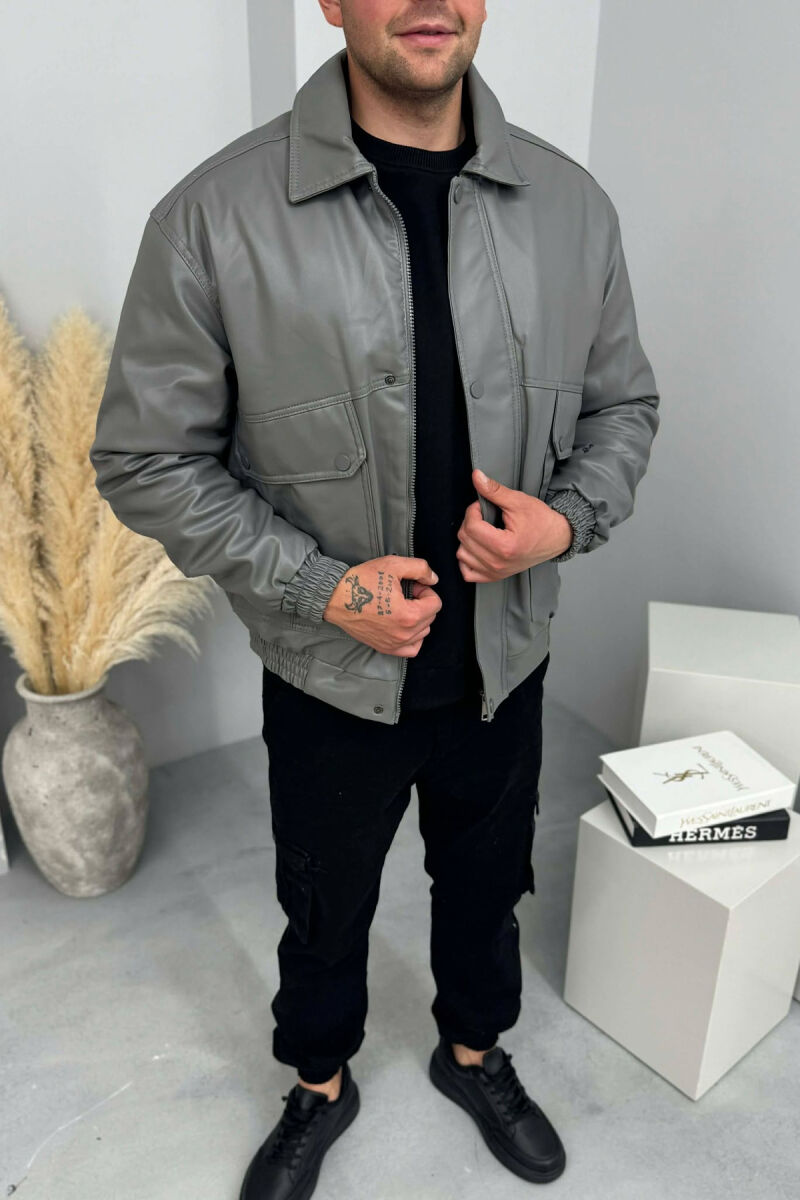LEATHER ONE COLOR FRONT POCKETS MEN JACKET GREY/GRI - 4