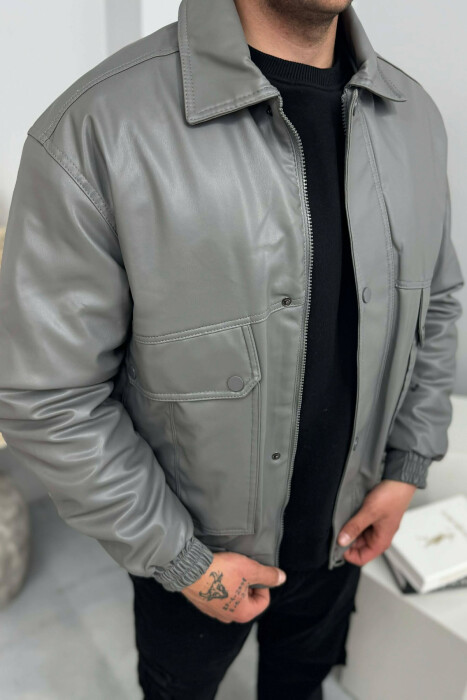 LEATHER ONE COLOR FRONT POCKETS MEN JACKET GREY/GRI - 5