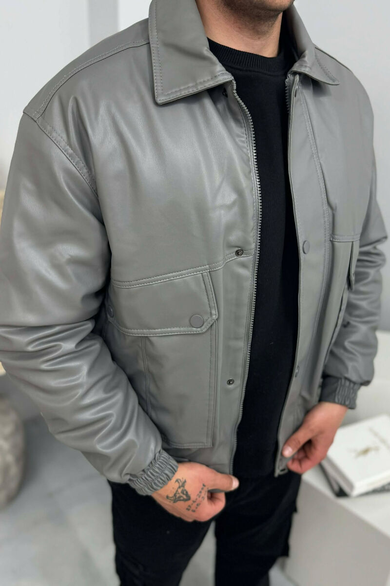 LEATHER ONE COLOR FRONT POCKETS MEN JACKET GREY/GRI - 5