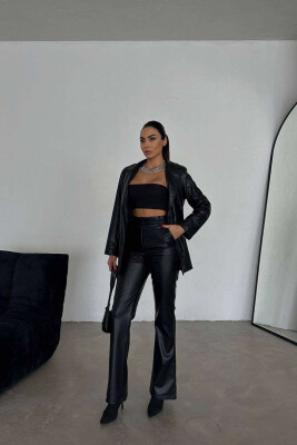 LEATHER ONE COLOR JACKET+TROUSERS WOMEN SET BLACK/ E ZEZE 