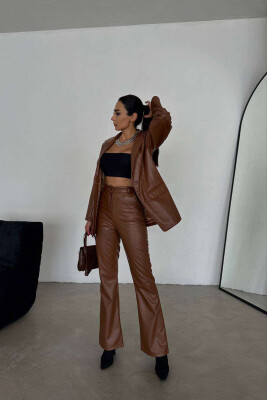 LEATHER ONE COLOR JACKET+TROUSERS WOMEN SET BROWN/KAFE 