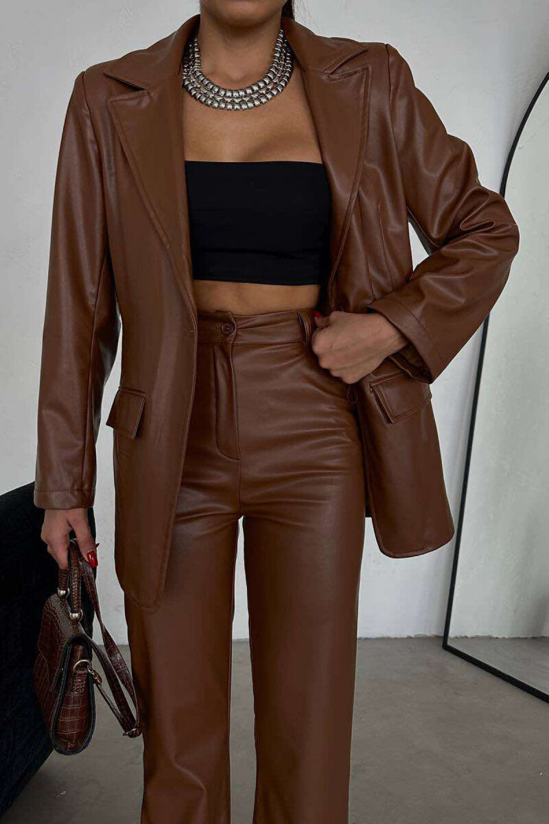 LEATHER ONE COLOR JACKET+TROUSERS WOMEN SET BROWN/KAFE - 4