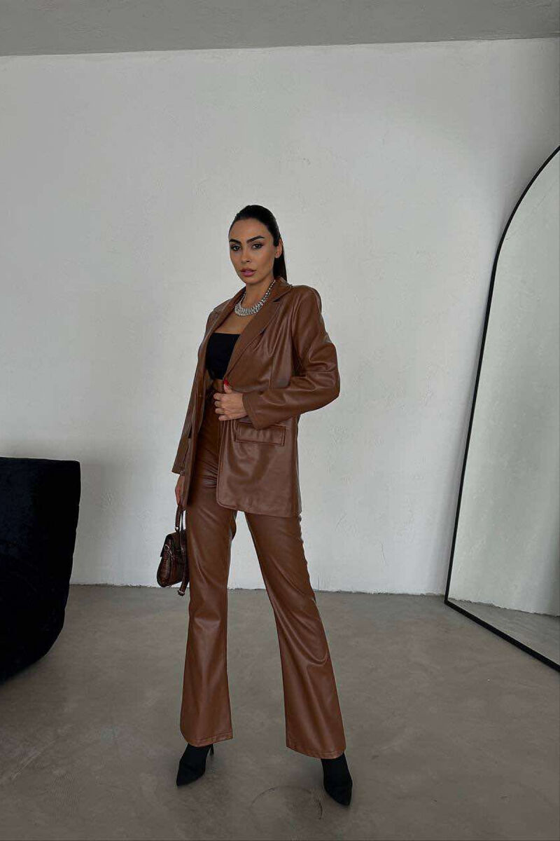 LEATHER ONE COLOR JACKET+TROUSERS WOMEN SET BROWN/KAFE - 6