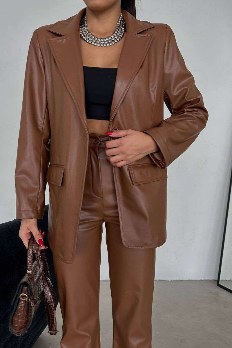 LEATHER ONE COLOR JACKET+TROUSERS WOMEN SET BROWN/KAFE - 7