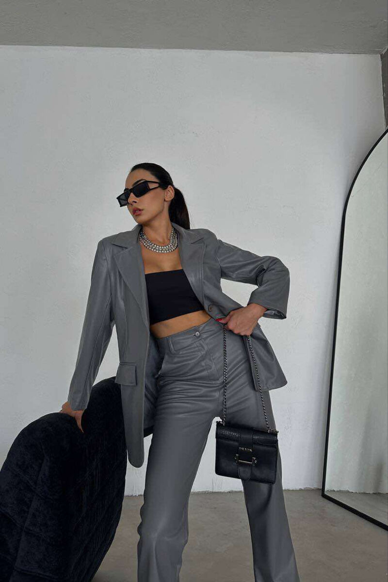 LEATHER ONE COLOR JACKET+TROUSERS WOMEN SET GREY/GRI - 3