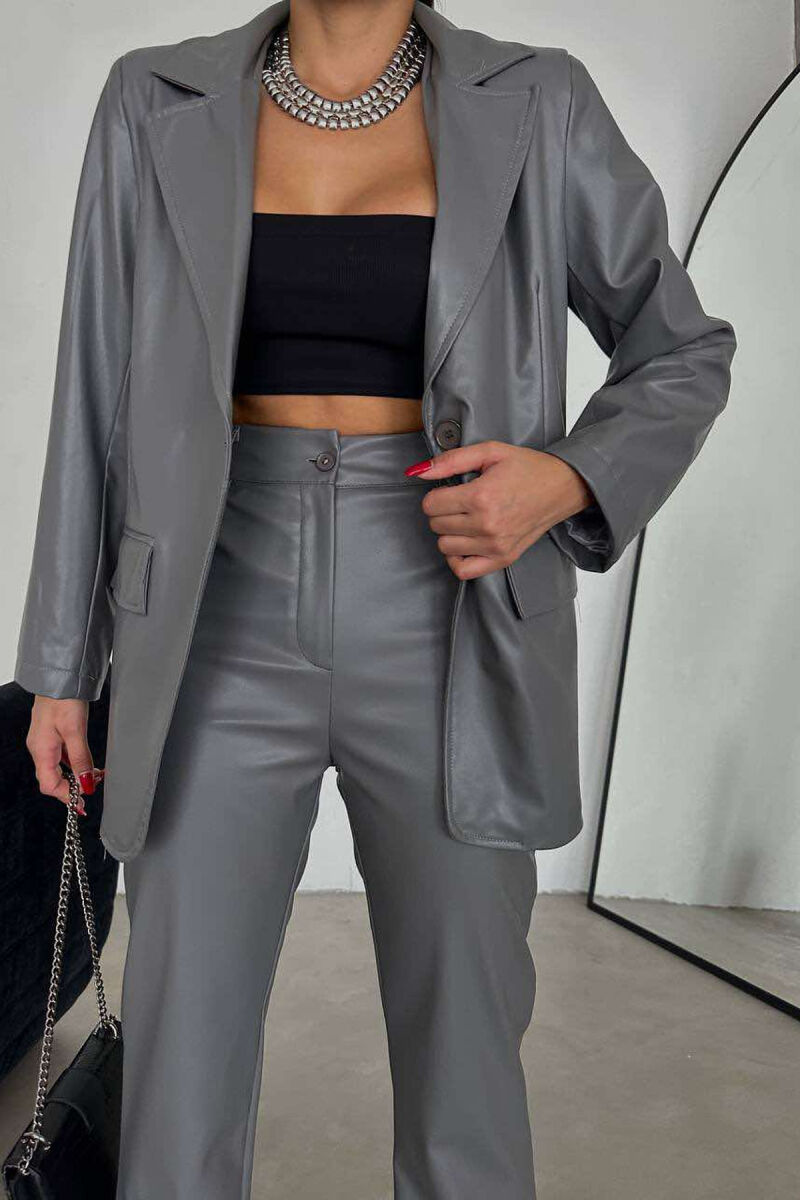 LEATHER ONE COLOR JACKET+TROUSERS WOMEN SET GREY/GRI - 4