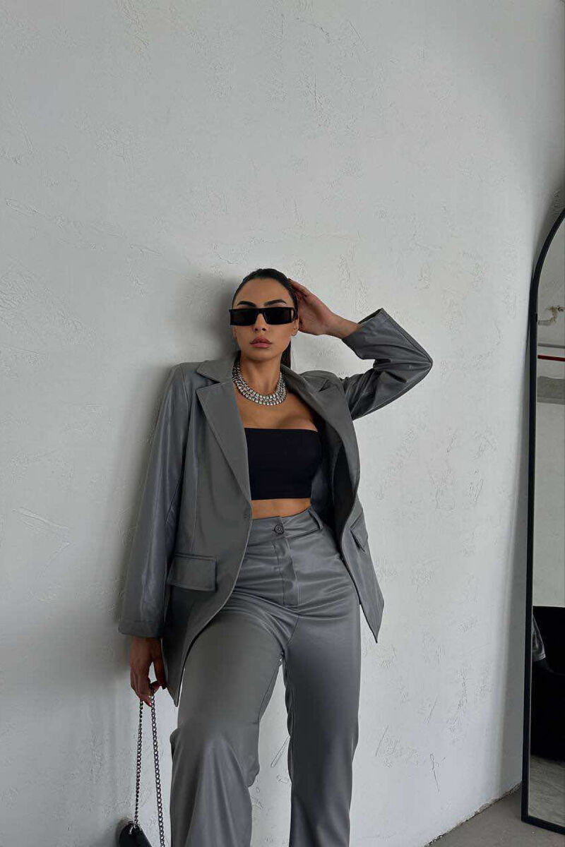 LEATHER ONE COLOR JACKET+TROUSERS WOMEN SET GREY/GRI - 5