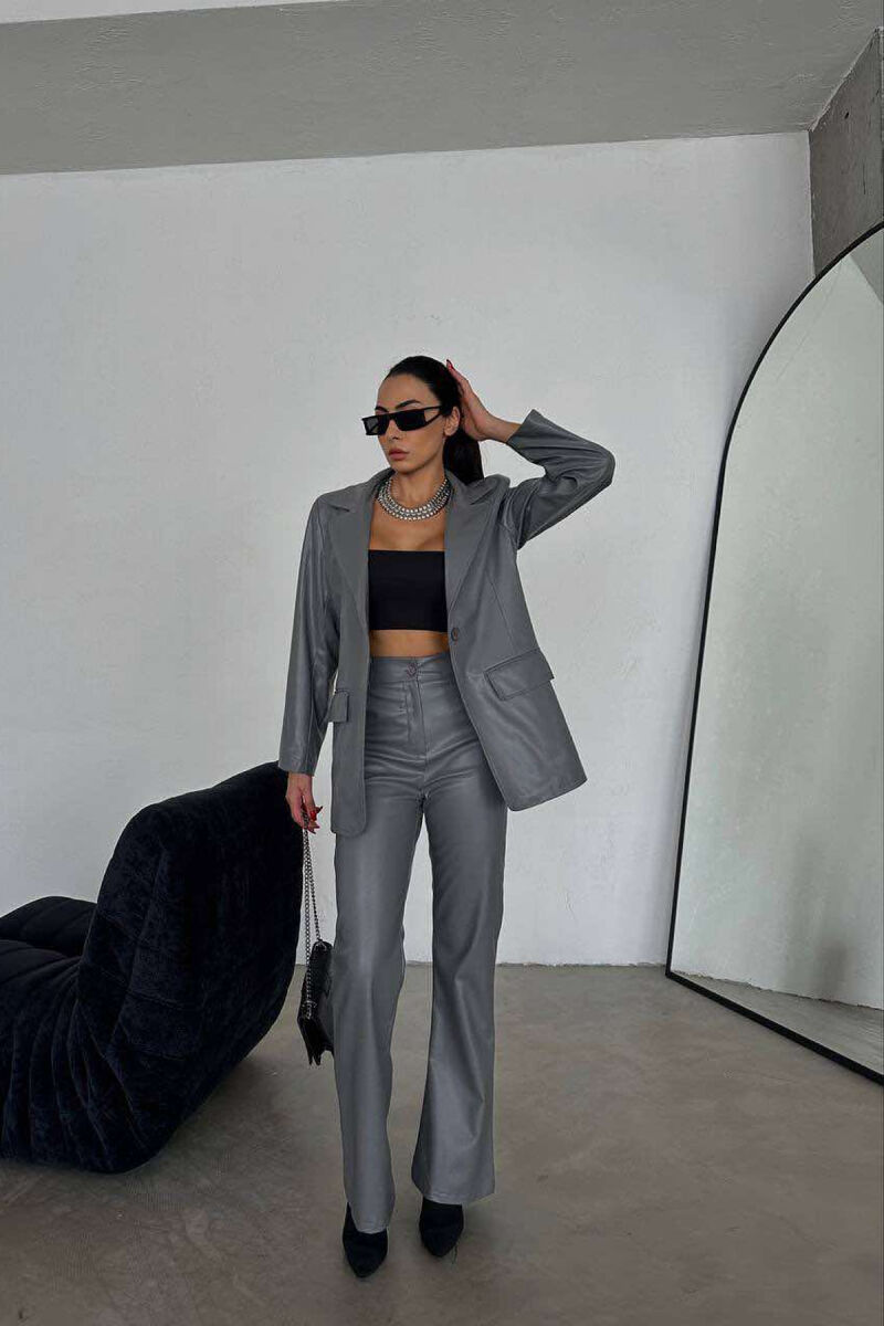 LEATHER ONE COLOR JACKET+TROUSERS WOMEN SET GREY/GRI - 6