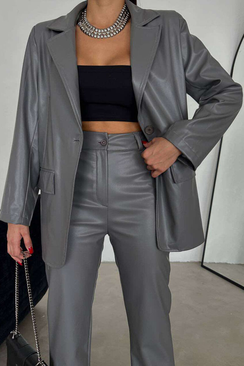 LEATHER ONE COLOR JACKET+TROUSERS WOMEN SET GREY/GRI - 7