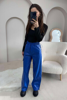 LEATHER ONE COLOR WOMAN TROUSERS BLUE/BLU 