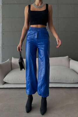 LEATHER ONE COLOR WOMAN TROUSERS BLUE/BLU 