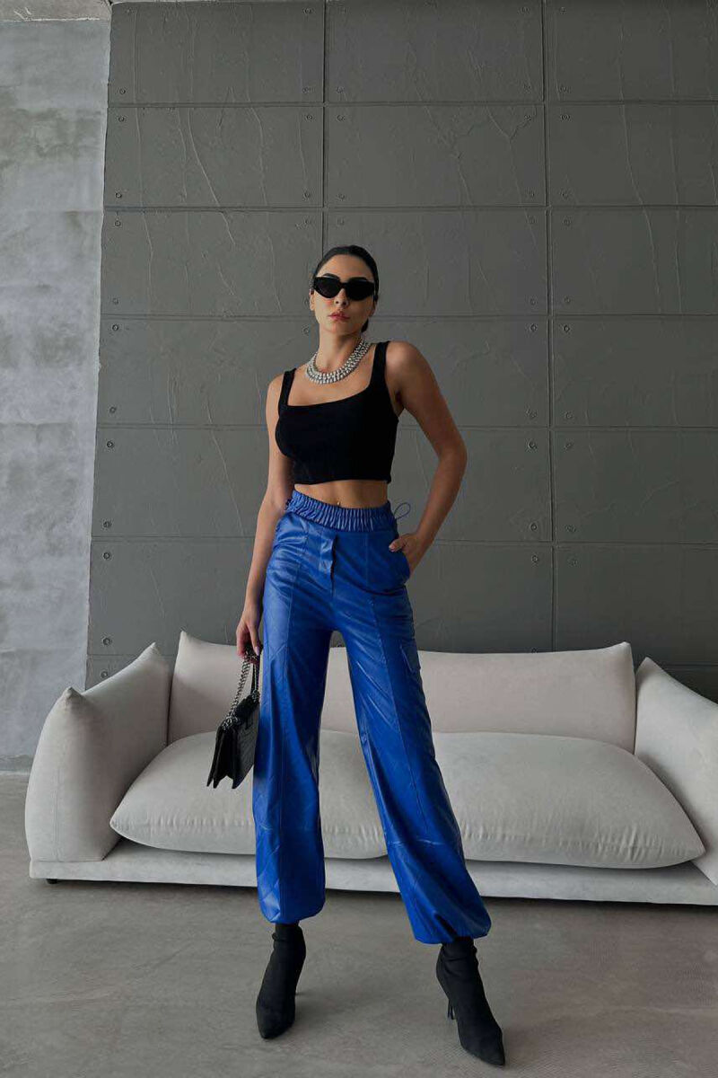 LEATHER ONE COLOR WOMAN TROUSERS BLUE/BLU - 2