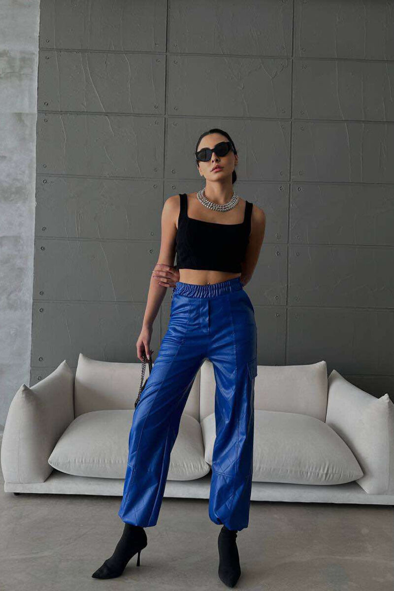 LEATHER ONE COLOR WOMAN TROUSERS BLUE/BLU - 3