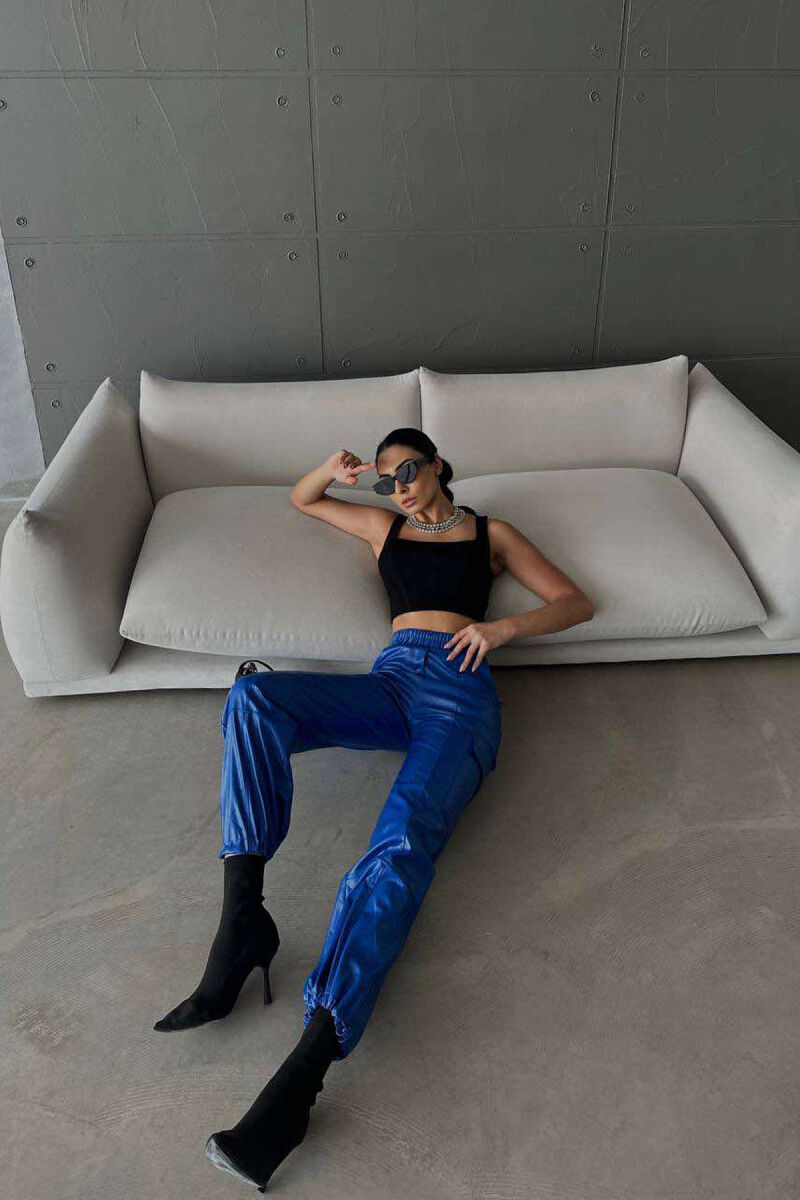 LEATHER ONE COLOR WOMAN TROUSERS BLUE/BLU - 6