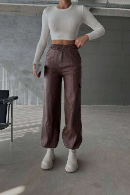 LEATHER ONE COLOR WOMAN TROUSERS BROWN/KAFE 