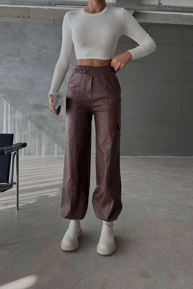 LEATHER ONE COLOR WOMAN TROUSERS BROWN/KAFE - 1