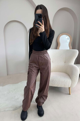 LEATHER ONE COLOR WOMAN TROUSERS BROWN/KAFE 