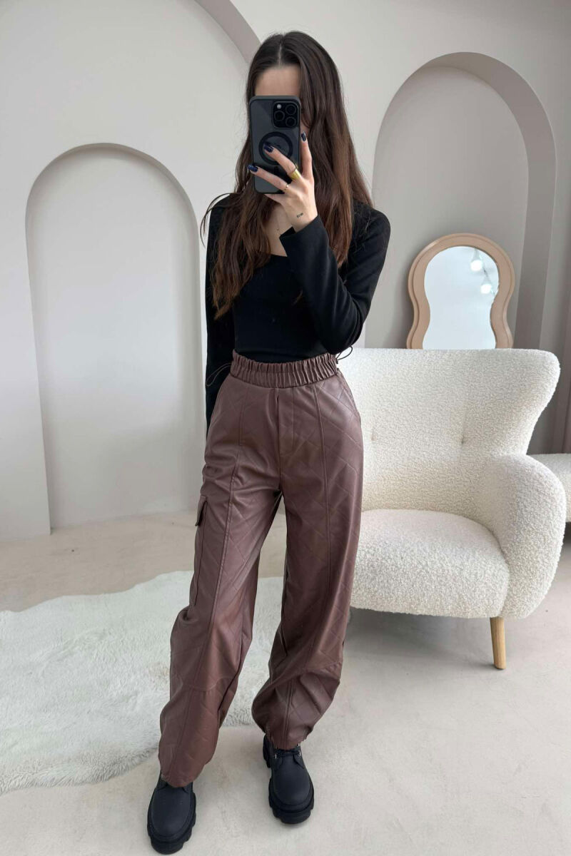 LEATHER ONE COLOR WOMAN TROUSERS BROWN/KAFE - 1