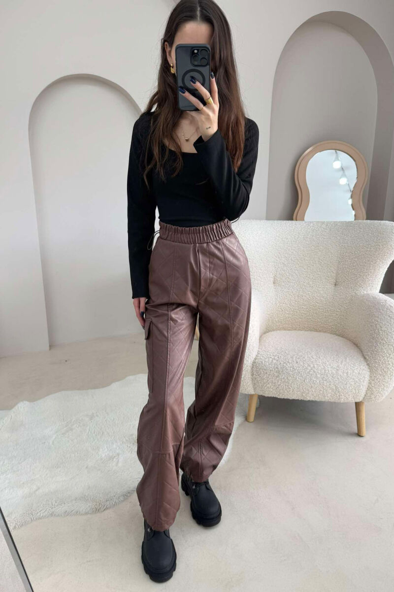 LEATHER ONE COLOR WOMAN TROUSERS BROWN/KAFE - 2