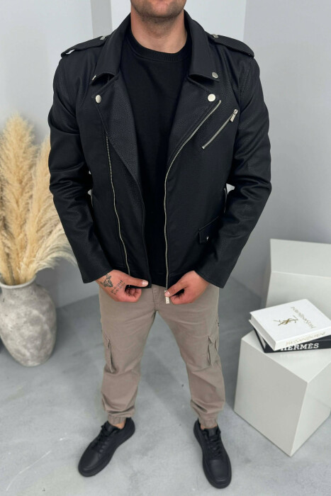 LEATHER ONE COLOR ZIPPER MEN JACKET BLACK/ E ZEZE - 1