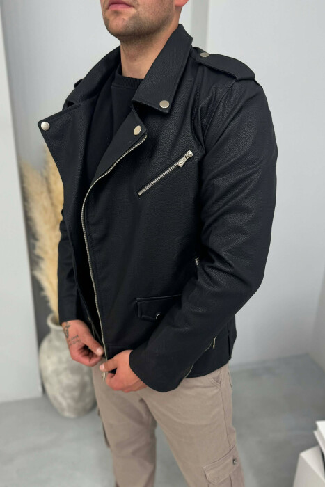 LEATHER ONE COLOR ZIPPER MEN JACKET BLACK/ E ZEZE - 2