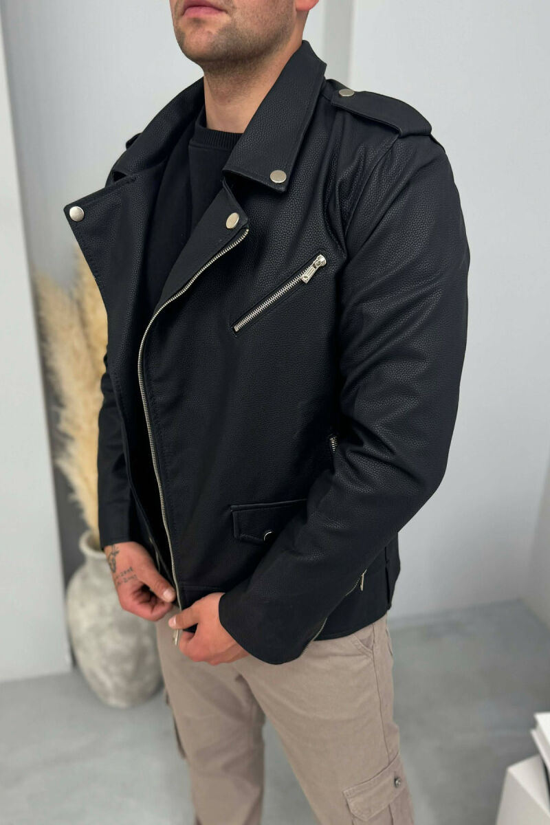 LEATHER ONE COLOR ZIPPER MEN JACKET BLACK/ E ZEZE - 2