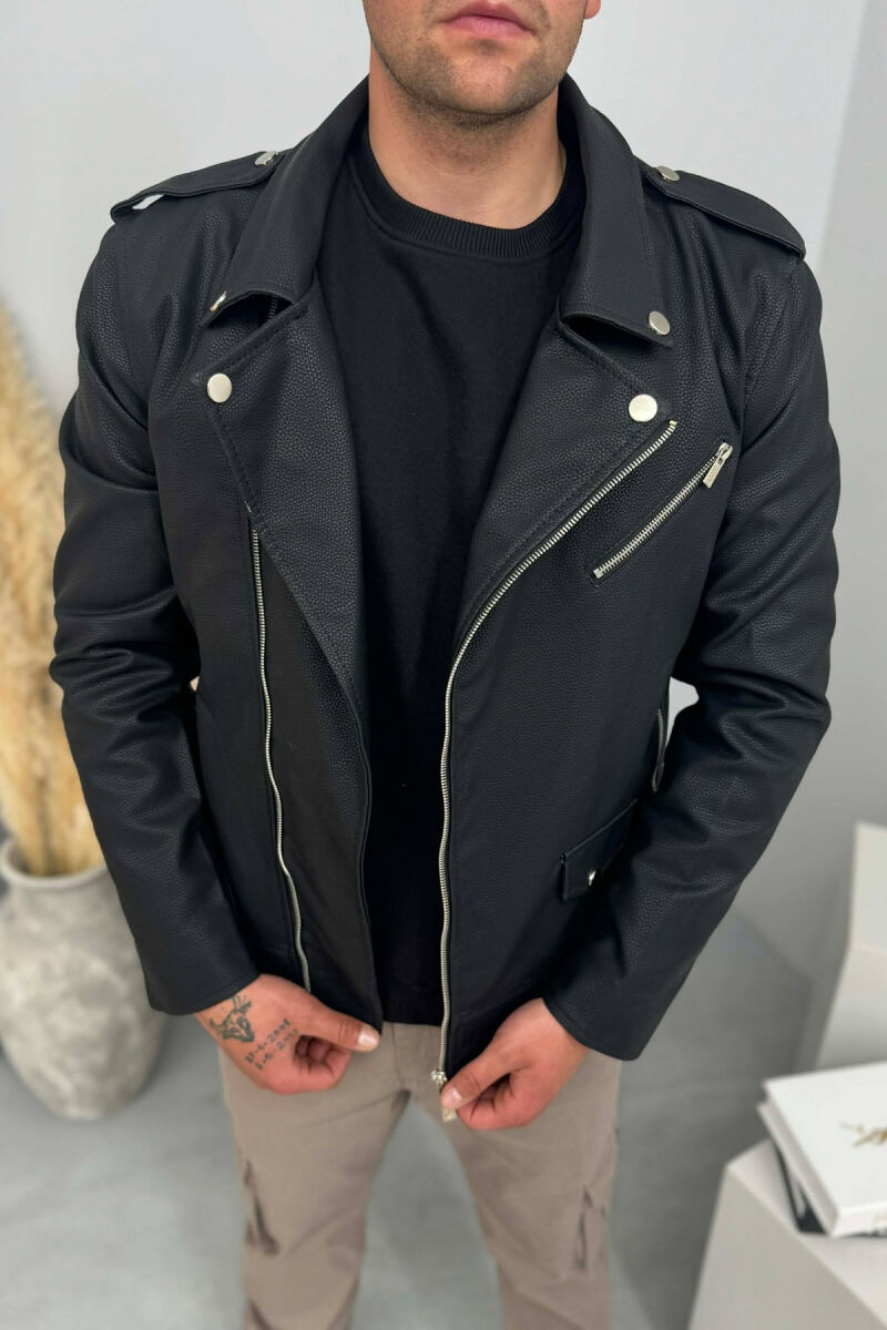 LEATHER ONE COLOR ZIPPER MEN JACKET BLACK/ E ZEZE - 3