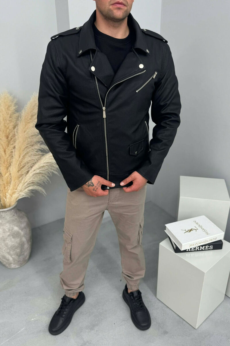 LEATHER ONE COLOR ZIPPER MEN JACKET BLACK/ E ZEZE - 7