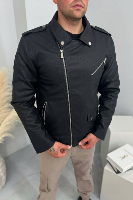 LEATHER ONE COLOR ZIPPER MEN JACKET BLACK/ E ZEZE - 8